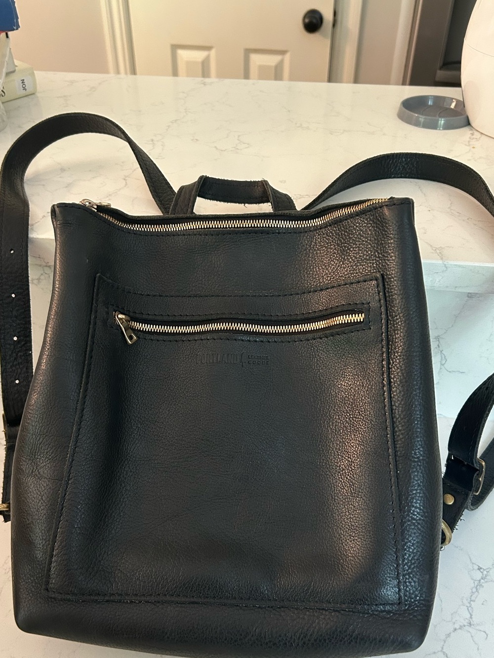 Black Leather Backpack with Front Zip Pocket